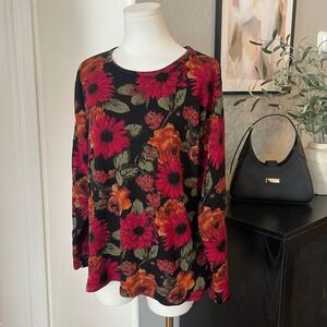 Floral Fall Sweater Womens 1X Black Red Orange Chic Long Sleeve